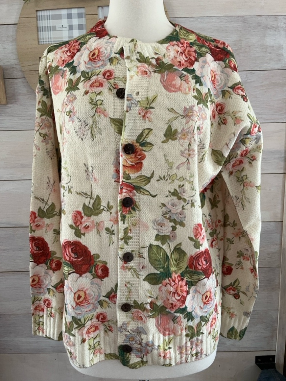NEW SHEIN Cream Floral Button-Front Knit Cardigan with Pink & Red Roses L